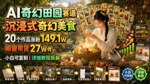 AI奇幻田园赛道，沉浸式奇幻美食，20个作品涨粉149.1W，橱窗带货27W件，小白可复制，详细教程拆解-聊项目