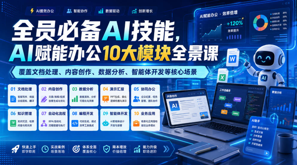 全员必备AI技能，AI赋能办公10大模块全景课，覆盖文档处理、内容创作、数据分析、智能体开发等核心场景-聊项目