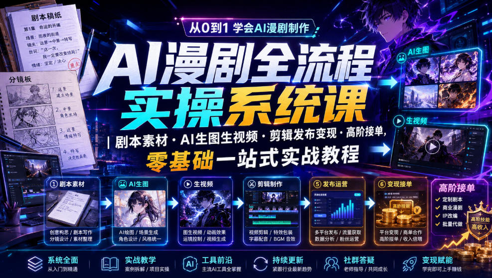 AI漫剧全流程实操系统课｜剧本素材・AI生图生视频・剪辑发布变现・高阶接单，零基础一站式实战教程-聊项目