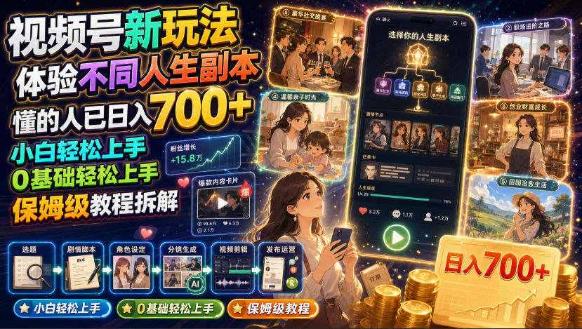 视频号新玩法体验不同人生副本，懂的人已日入700+，小白轻松上手，0基础轻松上手，保姆级教程拆解-聊项目