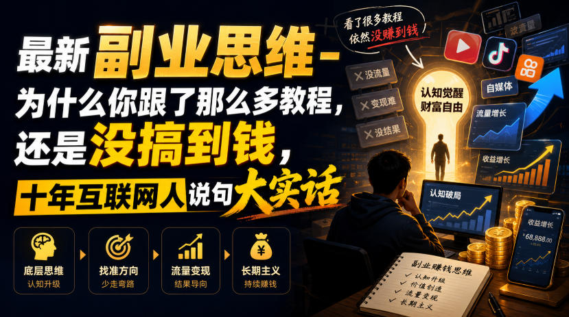 最新副业思维-为什么你跟了那么多教程，还是没搞到钱，十年互联网人说句大实话【揭秘】-聊项目