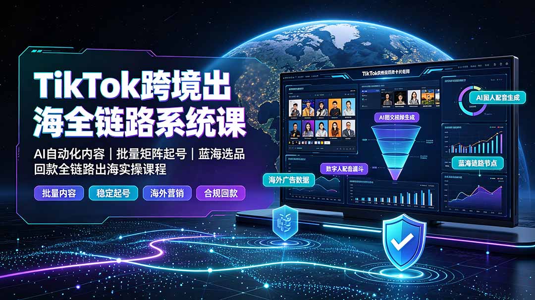 TikTok跨境出海全链路系统课-2026年7月：AI自动化内容｜批量矩阵起号｜蓝海选品回款全链路出海实操课程-聊项目