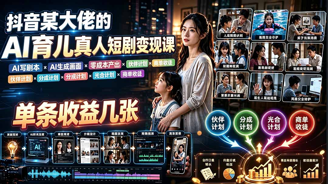 AI育儿真人短剧变现课：AI写剧本×AI生成画面×零成本产出×伙伴计划×分成计划×光合计划×商单收徒-聊项目