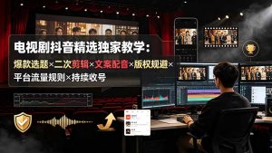 电视剧抖音精选独家教学：爆款选题×二次剪辑×文案配音×版权规避×平台流量规则×持续收益账号-聊项目