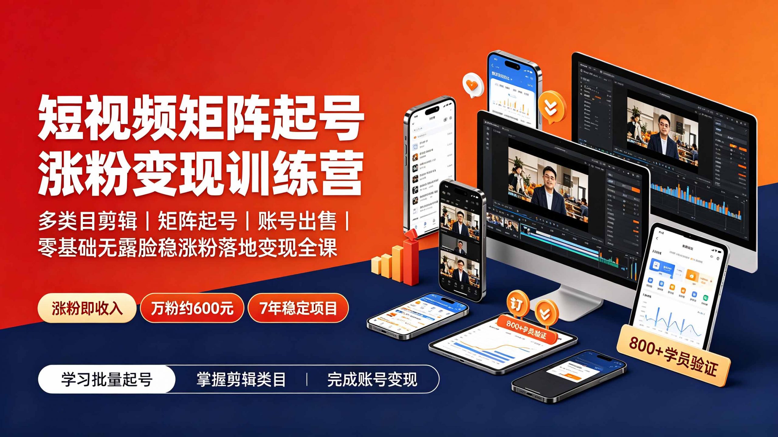 短视频矩阵起号涨粉变现训练营｜多类目剪辑·矩阵起号·账号出售，0基础无露脸稳涨粉落地变现全课-更新-聊项目
