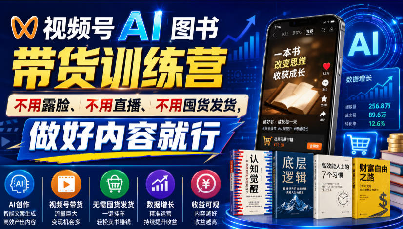 视频号AI图书带货训练营，不用露脸、不用直播、不用囤货发货，做好内容就行，一条爆款视频佣金8942-聊项目