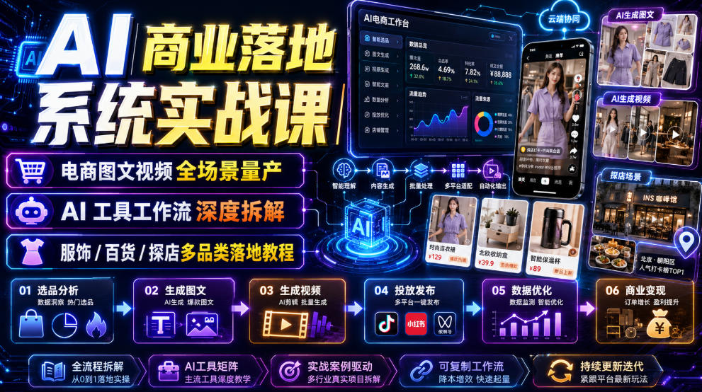 AI商业落地系统实战课｜电商图文视频全场景量产・AI工具工作流深度拆解・服饰/百货/探店多品类落地教程-聊项目