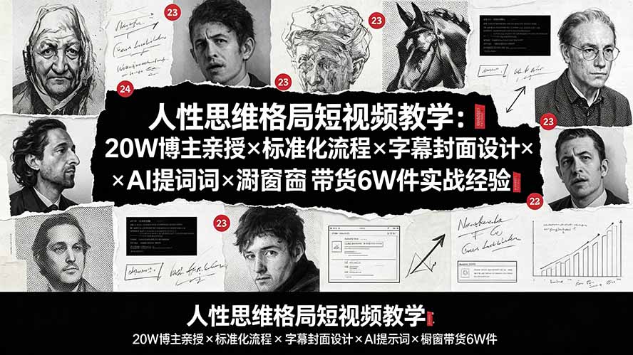 人性思维格局短视频教学：20W博主亲授×标准化流程×字幕封面设计×AI提示词×橱窗带货6W件实战经验-聊项目