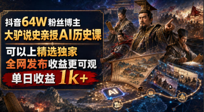 抖音64W粉丝博主大驴说史亲授AI历史课，可以上精选独家，全网发布收益更可观，单日收益1k+-聊项目