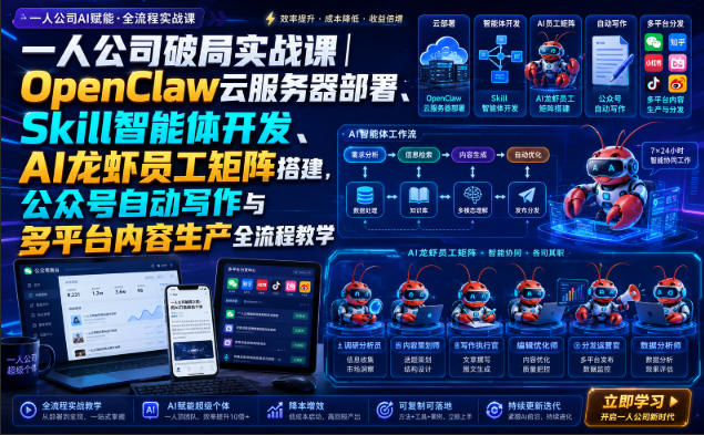 一人公司破局实战课｜OpenClaw云服务器部署、Skill智能体开发、AI龙虾员工矩阵搭建，公众号自动写作与多平台内容生产全流程教学-聊项目