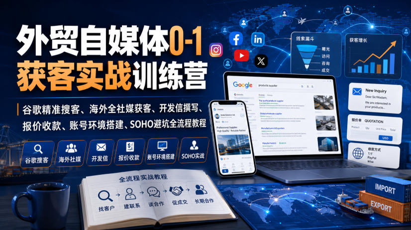 外贸自媒体0-1获客实战训练营｜谷歌精准搜客、海外全社媒获客、开发信撰写、报价收款、账号环境搭建、SOHO避坑全流程教程(更新)-聊项目
