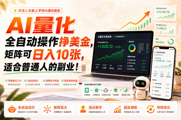 AI量化全自动操作挣美金，矩阵可日入10张，适合普通人的副业！【揭秘】-聊项目