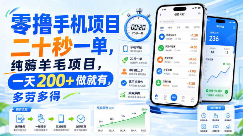 零撸手机项目，二十秒一单，纯薅羊毛项目，一天200+做就有，多劳多得【揭秘】-聊项目