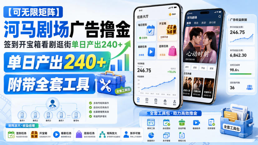 【可无限矩阵】河马剧场广告撸金，签到开宝箱看剧逛街单日产出240+，附带全套工具【揭秘】-聊项目