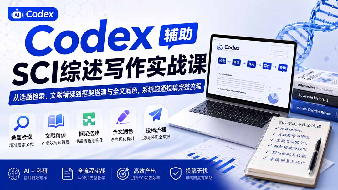Codex辅助SCI综述写作实战课——从选题检索、文献精读到框架搭建与全文润色，系统跑通投稿完整流程-聊项目