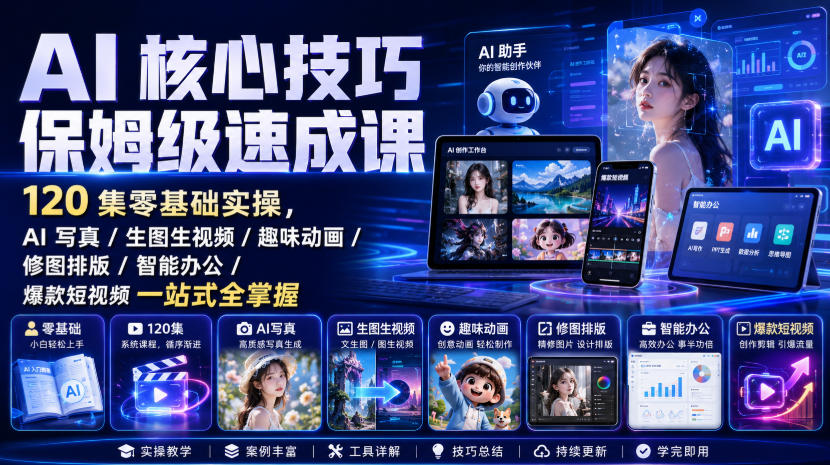 AI核心技巧保姆级速成课｜120集零基础实操，AI写真/生图生视频/趣味动画/修图排版/智能办公/爆款短视频一站式全掌握(更新)-聊项目