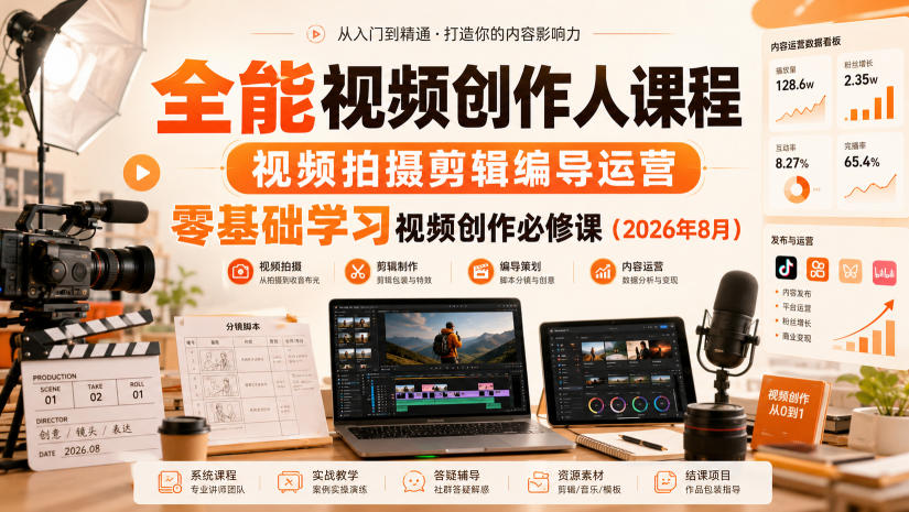 全能视频创作人课程，视频拍摄剪辑编导运营，零基础学习视频创作必修课(2026年8月)-聊项目
