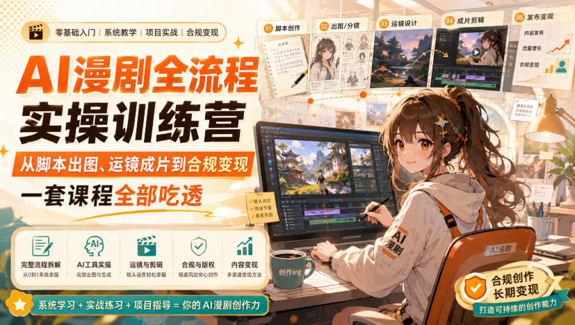 AI漫剧全流程实操训练营，从脚本出图、运镜成片到合规变现，一套课程全部吃透-聊项目