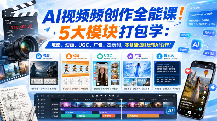 AI视频频创作全能课！5大模块打包学：电影、动画、UGC、广告、提示词，零基础也能玩转AI创作！【原创双语字幕】-聊项目