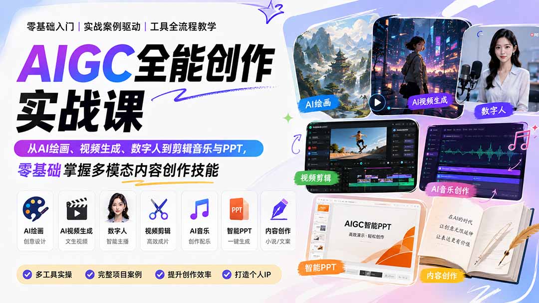 AIGC全能创作实战课：从AI绘画、视频生成、数字人到剪辑音乐与PPT，零基础掌握多模态内容创作技能-聊项目