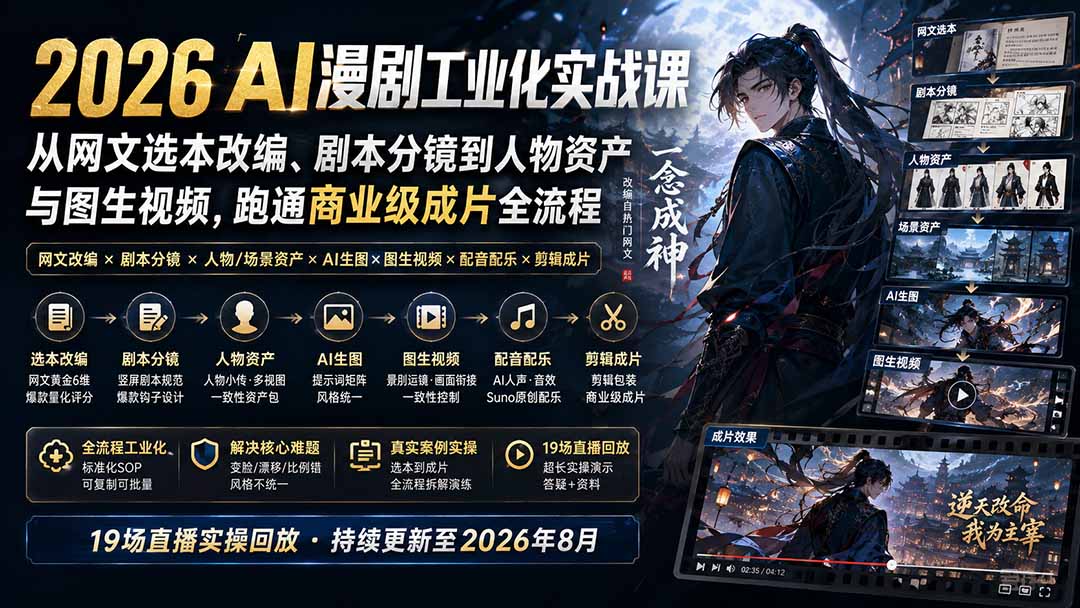 2026 AI漫剧工业化实战课-更新：从网文选本改编、剧本分镜到人物资产与图生视频，跑通商业级成片全流程-聊项目