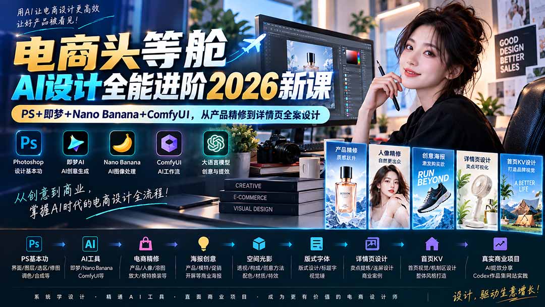 电商头等舱AI设计全能进阶2026新课：PS+即梦+Nano Banana+ComfyUI，从产品精修到详情页全案设计-聊项目