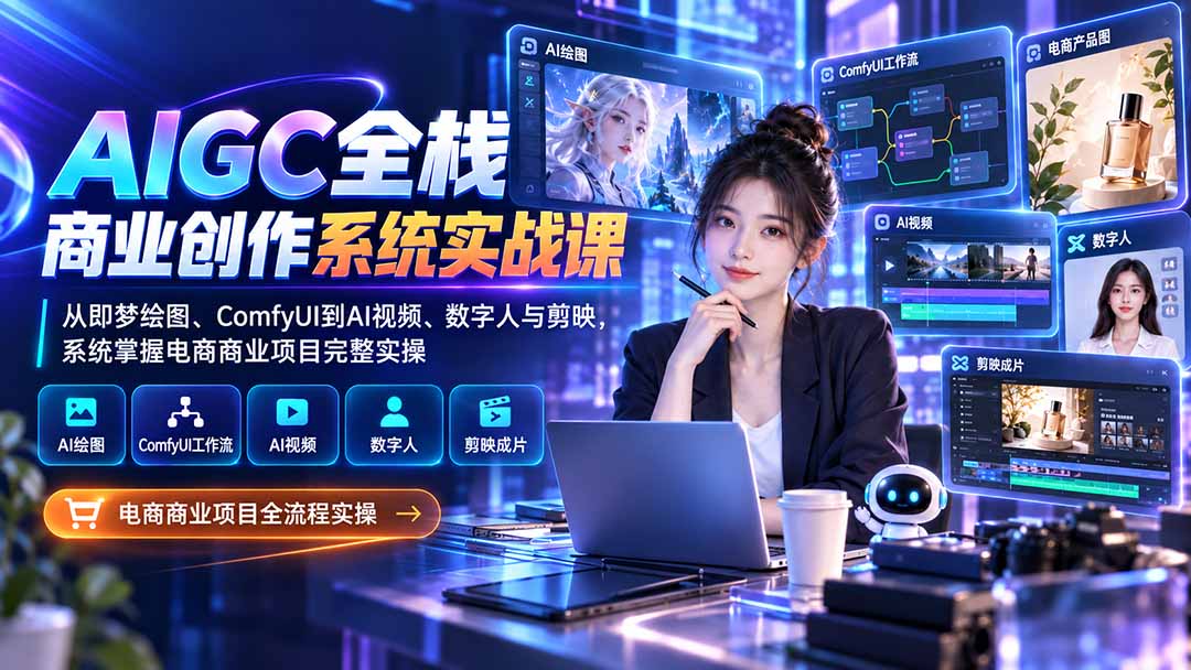 AIGC全栈商业创作系统实战课：从即梦绘图、ComfyUI到AI视频、数字人与剪映，系统掌握电商商业项目完整实操-聊项目