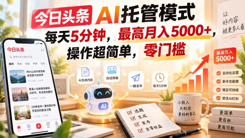 今日头条AI托管模式，每天5分钟，最高月入5000+，操作超简单，零门槛【揭秘】-聊项目