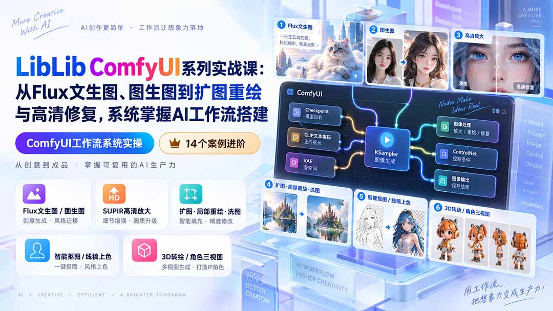 LibLib ComfyUI系列实战课：从Flux文生图、图生图到扩图重绘与高清修复，系统掌握AI工作流搭建-聊项目