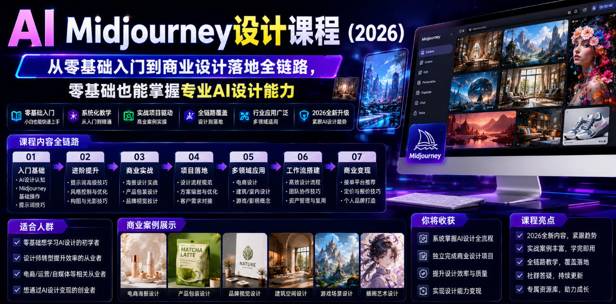 AI Midjourney设计课程(2026)，从零基础入门到商业设计落地全链路，零基础也能掌握专业AI设计能力(更新0913)-聊项目