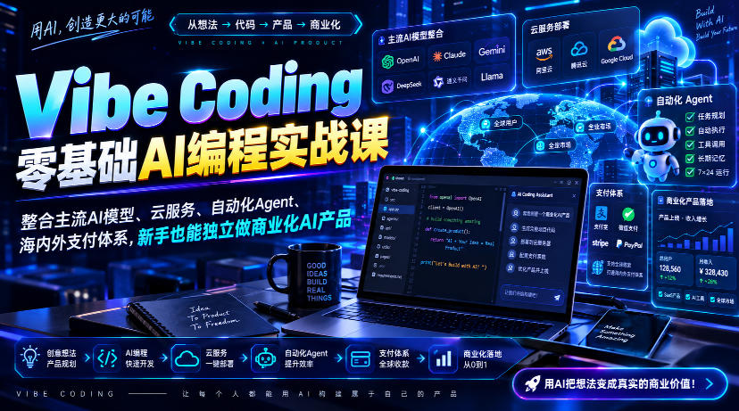Vibe Coding零基础AI编程实战课-无水印，整合主流AI模型、云服务、自动化Agent、海内外支付体系，新手也能独立做商业化AI产品-聊项目
