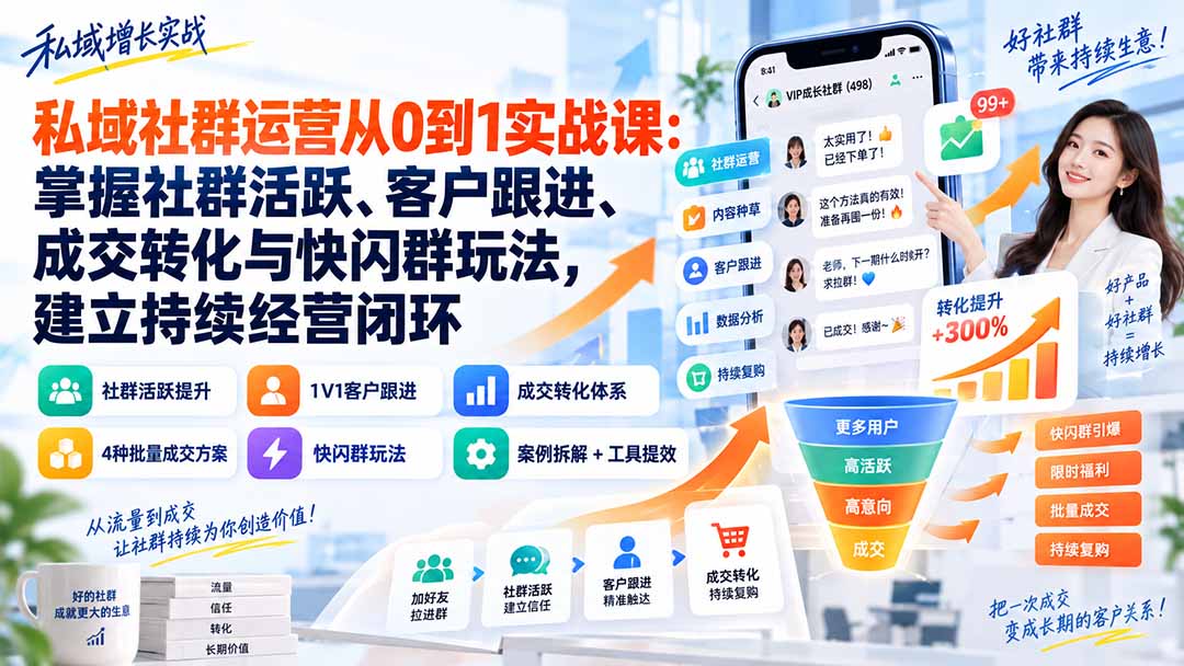 私域社群运营从0到1实战课：掌握社群活跃、客户跟进、成交转化与快闪群玩法，建立持续经营闭环-聊项目