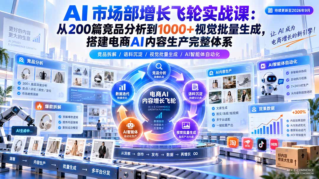 AI 市场部增长飞轮实战课：从200篇竞品分析到1000+视觉批量生成，搭建电商AI内容生产完整体系-聊项目