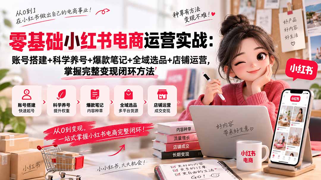 零基础小红书电商运营实战：账号搭建+科学养号+爆款笔记+全域选品+店铺运营，掌握完整变现闭环方法-聊项目