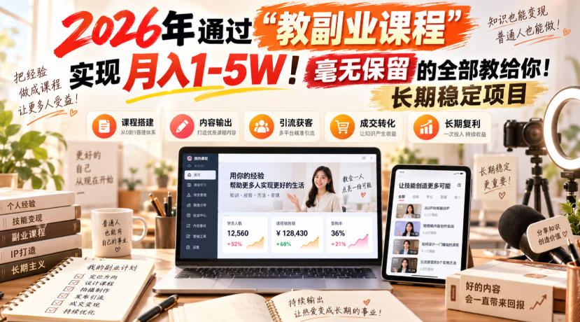 2026年通过“教副业课程”实现月入1-5W！毫无保留的全部教给你！长期稳定项目-聊项目