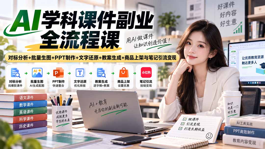 AI学科课件副业全流程课｜对标分析+批量生图+PPT制作+文字还原+教案生成+商品上架与笔记引流变现-聊项目