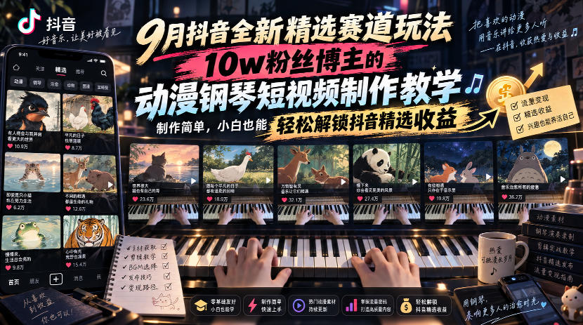 9月抖音全新精选赛道玩法，10w粉丝博主的动漫钢琴短视频制作教学，制作简单，小白也能轻松解锁抖音精选收益-聊项目