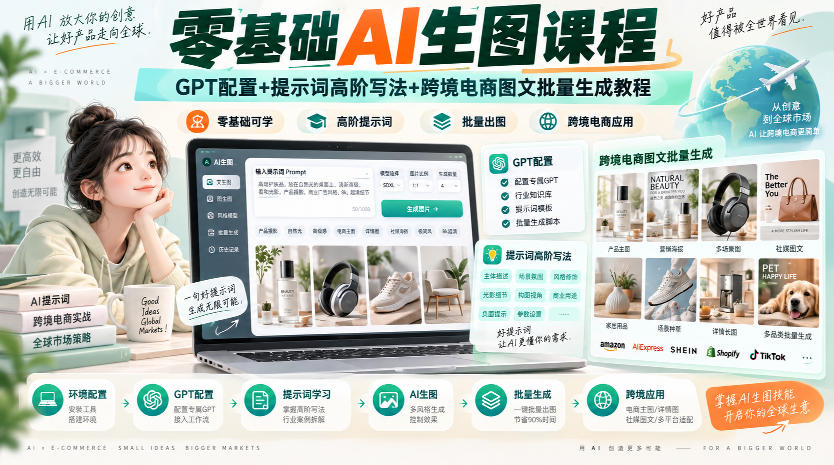零基础AI生图课程，GPT配置+提示词高阶写法+跨境电商图文批量生成教程-聊项目