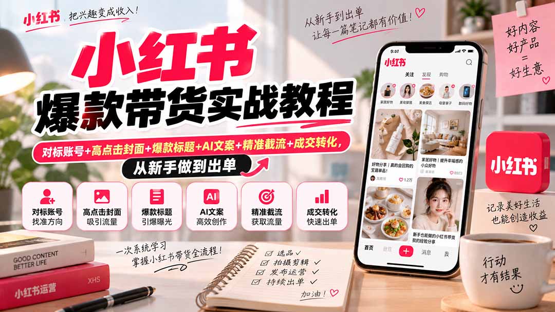 小红书爆款带货实战教程｜对标账号+高点击封面+爆款标题+AI文案+精准截流+成交转化，从新手做到出单-聊项目