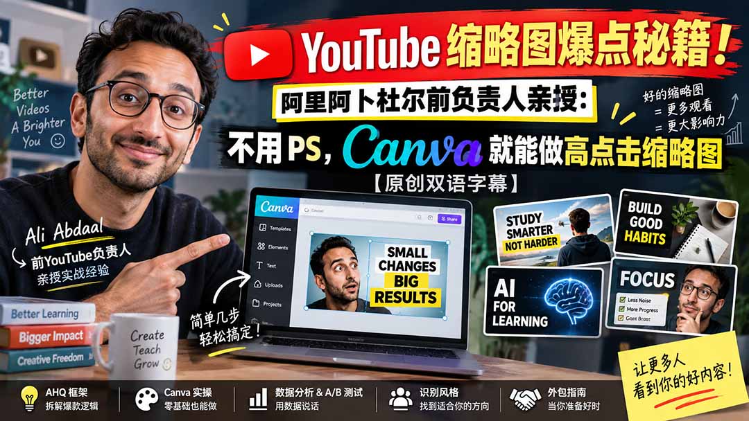 YouTube 缩略图爆点秘籍！阿里阿卜杜尔前负责人亲授：不用 PS，Canva 就能做高点击缩略图【原创双语字幕】-聊项目