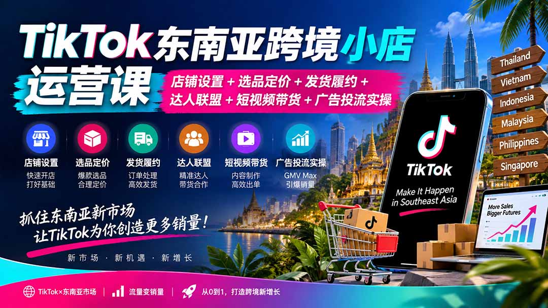 TikTok东南亚跨境小店运营课：店铺设置+选品定价+发货履约+达人联盟+短视频带货+广告投流实操-聊项目