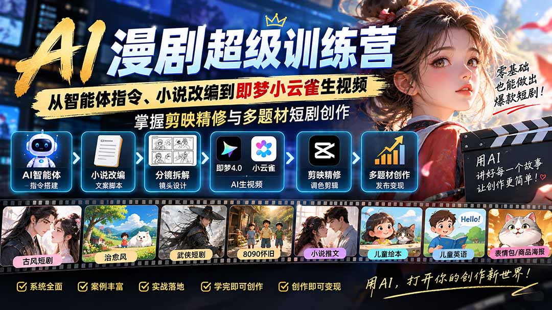 AI漫剧超级特训营：从智能体指令、小说改编到即梦小云雀生视频，掌握剪映精修与多题材短剧创作-聊项目