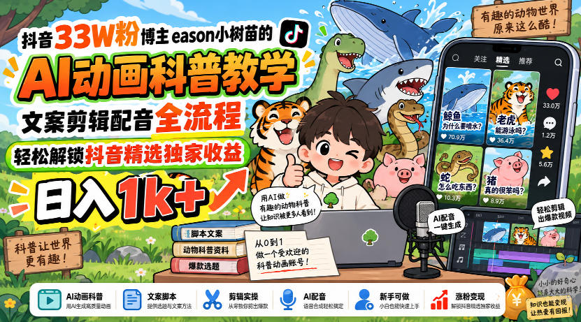 抖音33W粉博主eason小树苗的AI动画科普教学，文案剪辑配音全流程，轻松解锁抖音精选独家收益，日入1k+-聊项目