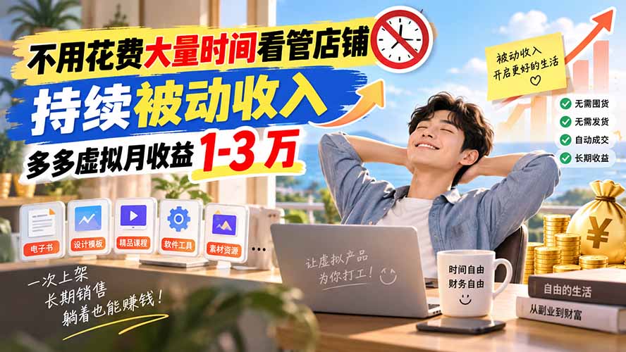 不用花费大量时间看管店铺，持续被动收入，多多虚拟月收益 1-3 万-聊项目
