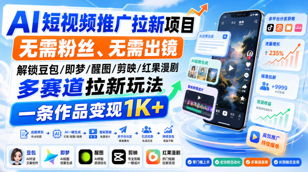 AI短视频推广拉新项目，无需粉丝、无需出镜，解锁豆包/即梦/醒图/剪映/红果漫剧多赛道拉新玩法，一条作品变现1K+(更新0918)-聊项目