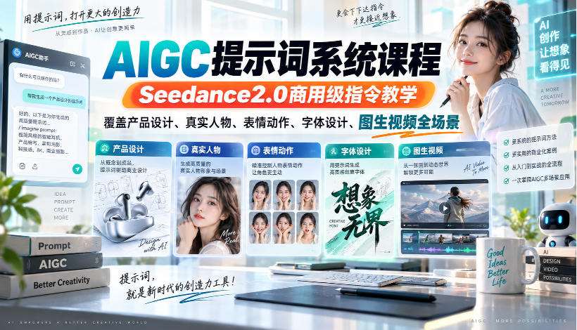 AIGC提示词系统课程，Seedance2.0商用级指令教学，覆盖产品设计、真实人物、表情动作、字体设计、图生视频全场景-聊项目
