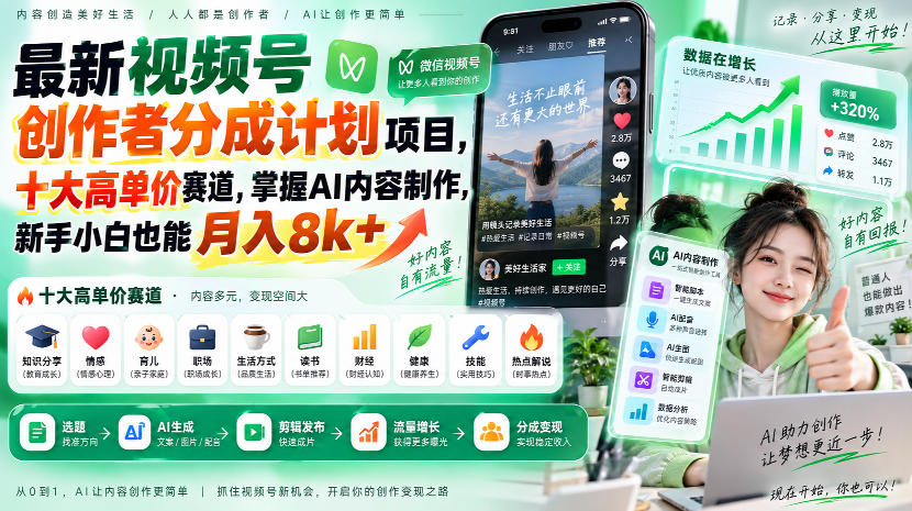 最新视频号创作者分成计划项目，十大高单价赛道，掌握AI内容制作，新手小白也能月入8k+-聊项目