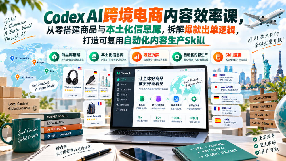 Codex AI跨境电商内容效率课，从零搭建商品与本土化信息库，拆解爆款出单逻辑，打造可复用自动化内容生产Skill-聊项目