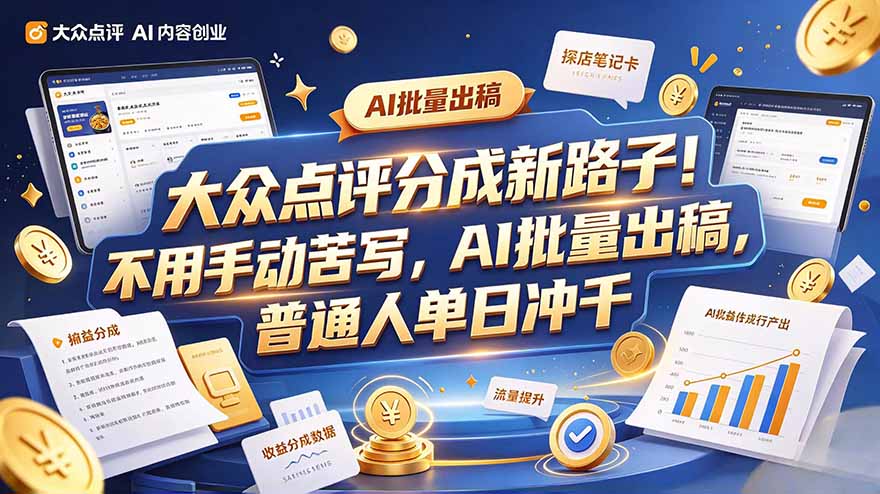 大众点评副业新玩法，工具提效解放双手，批量做笔记，单日可破千-聊项目