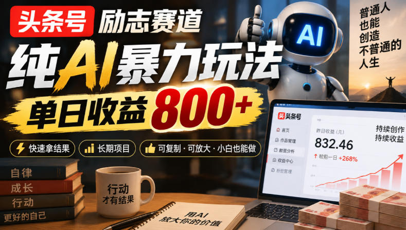 头条号励志赛道，纯AI暴力玩法，单日收益800+，快速拿结果，长期项目-聊项目